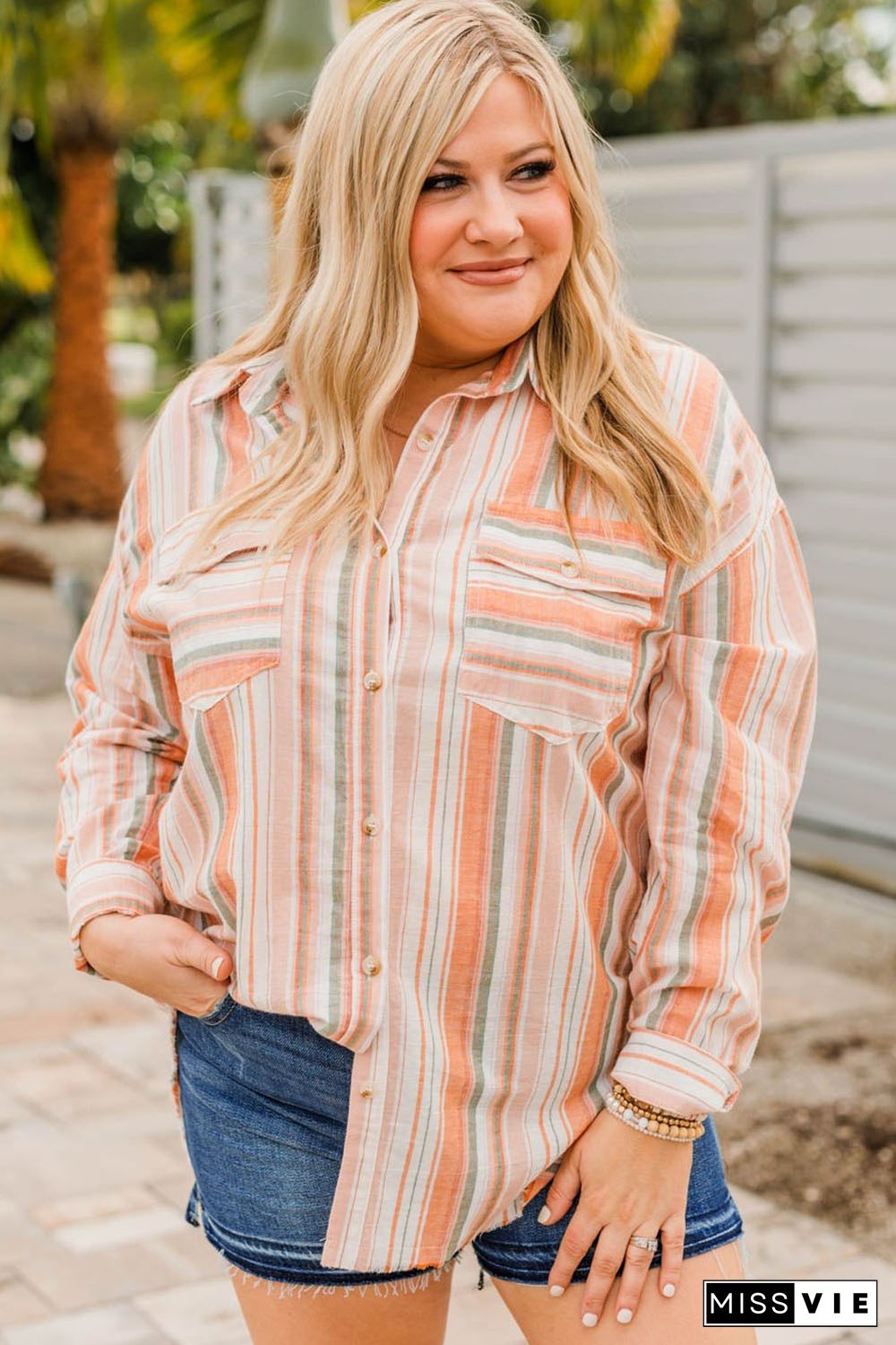 Orange Plus Size Striped Shirt with Chest Pockets