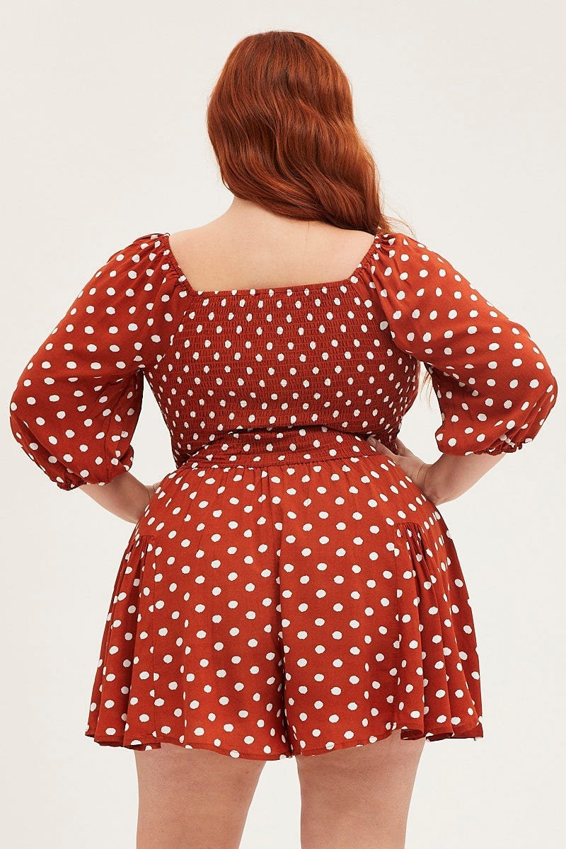 Polka Dot Playsuit Square Neck Long Sleeve