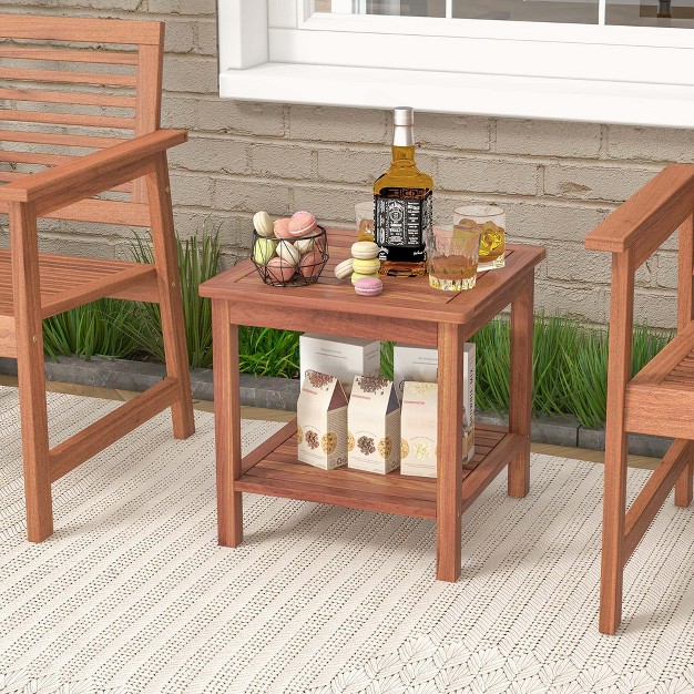 Costway Patio Acacia Wood Side Table 2 tier Square End Table Porch Poolside Natural