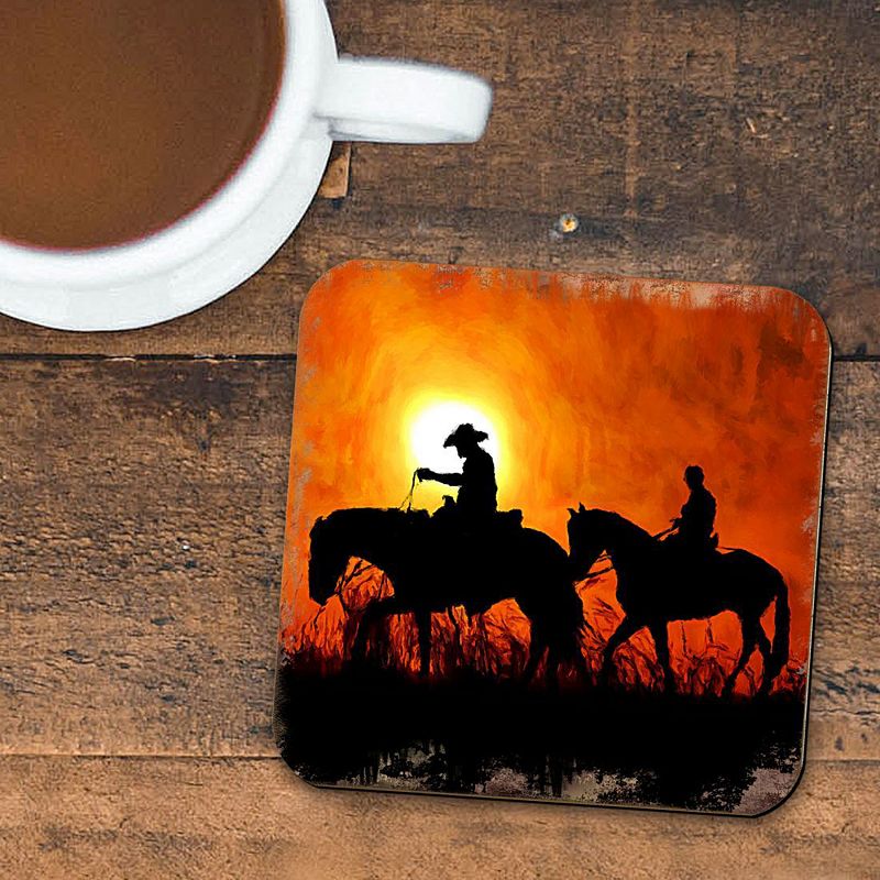 Cowboy Sunset Ride Wooden Cork Coasters Gift Set of 4 by Nature Wonders