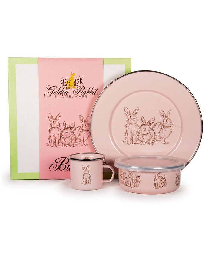 Golden Rabbit Pink Bunnies Enamelware Collection 3 Piece Kids Dinner Set