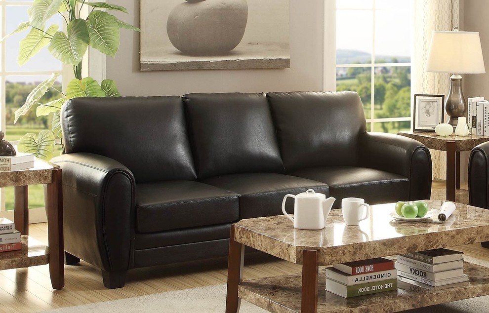 Cushioned Sofa Upholstered In Black Bonded Leather   Transitional   Sofas   by VirVentures  Houzz