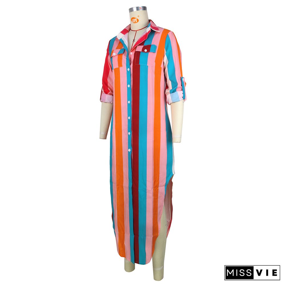 Multicolor Print Striped Button Pocket Dress