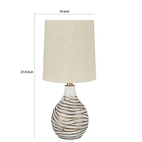 Pot Bellied Metal Table Lamp with Textured Golden Embellishment， White