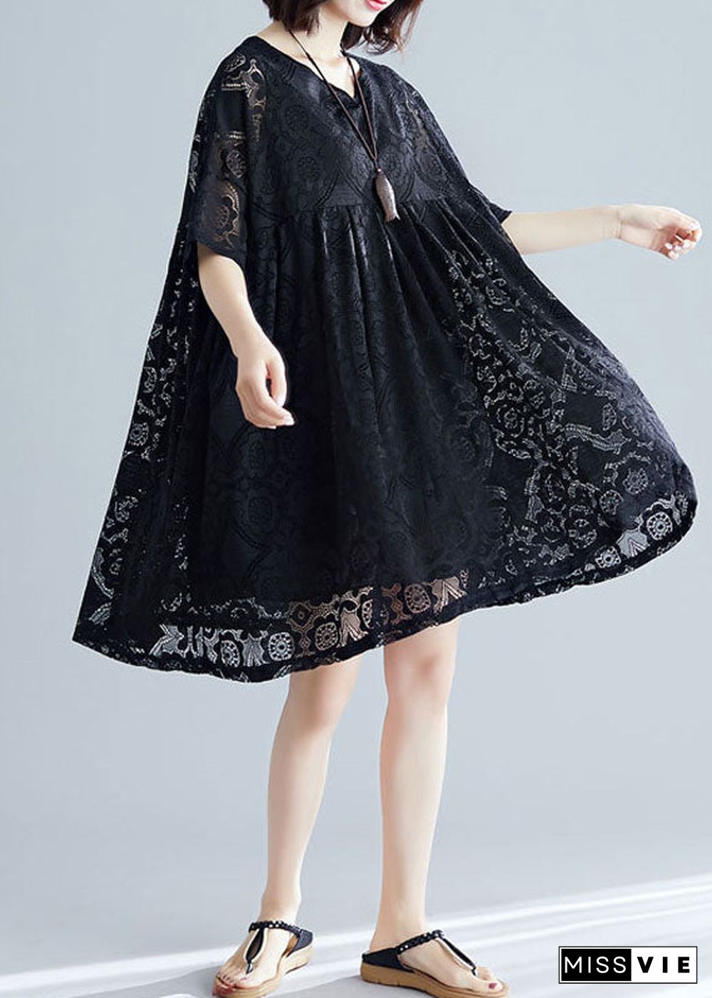 Black V Neck Wrinkled Exra Large Hem Lace A Line Dress Short Sleeve