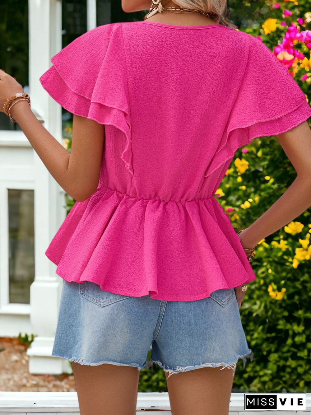 V-Neck Ruffled Short-Sleeved Smocked Waist Top