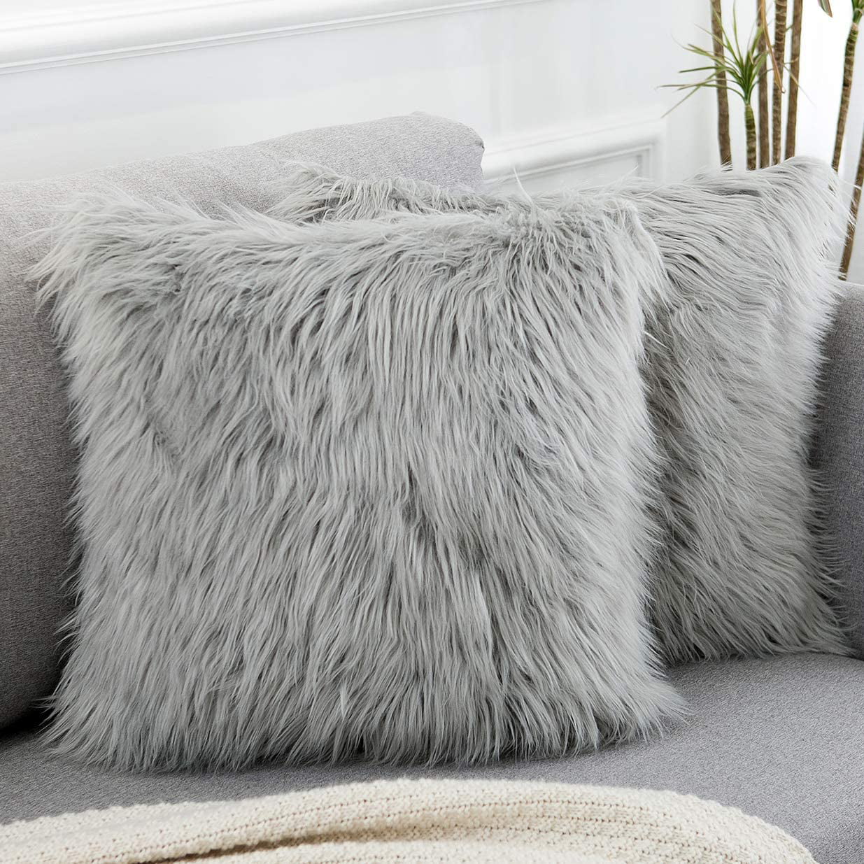 2 Pack Luxury Style Grey Faux Fur Throw Pillow Case Cushion Cover Square Fuzzy Cushion Case ,18 x 18 Inches,Grey