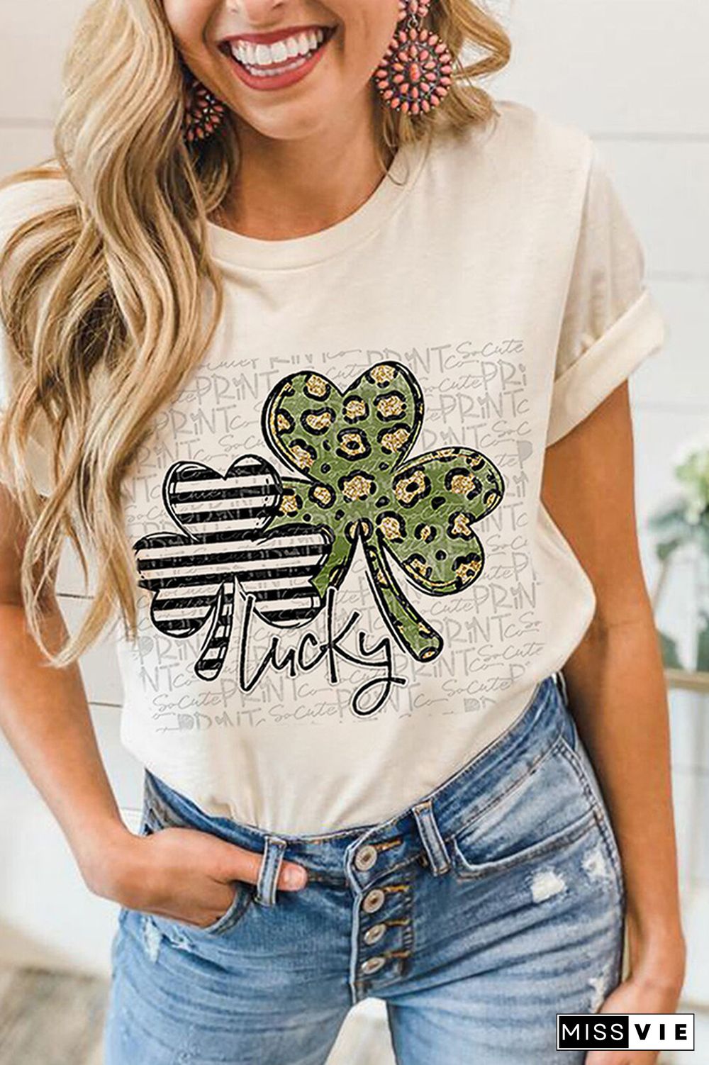 Clover and Lucky Print Graphic Tees for Women Wholesale Short Sleeve T shirts Top