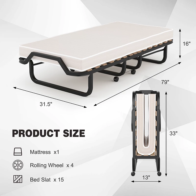 Made in Italy Rollaway Folding Bed with Memory Foam Mattress