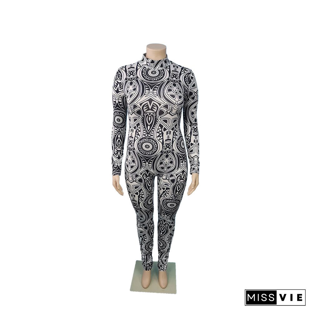 Workout Printing Bodycon Long Sleeve Jumpsuit