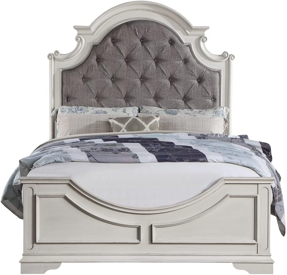 Florian Vintage Wood Eastern King Bed Frame with Upholstered Headboard with Button Tuft, Panel Footboard, Gray Fabric & Antique White Finish, Eastern King Bed