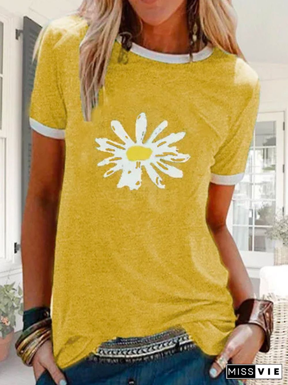 Women Floral Print Short Sleeve Round Neck T-Shirts Tops