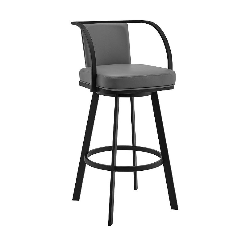 Swivel Barstool with Open Curved Metal Frame Arms， Gray and Black