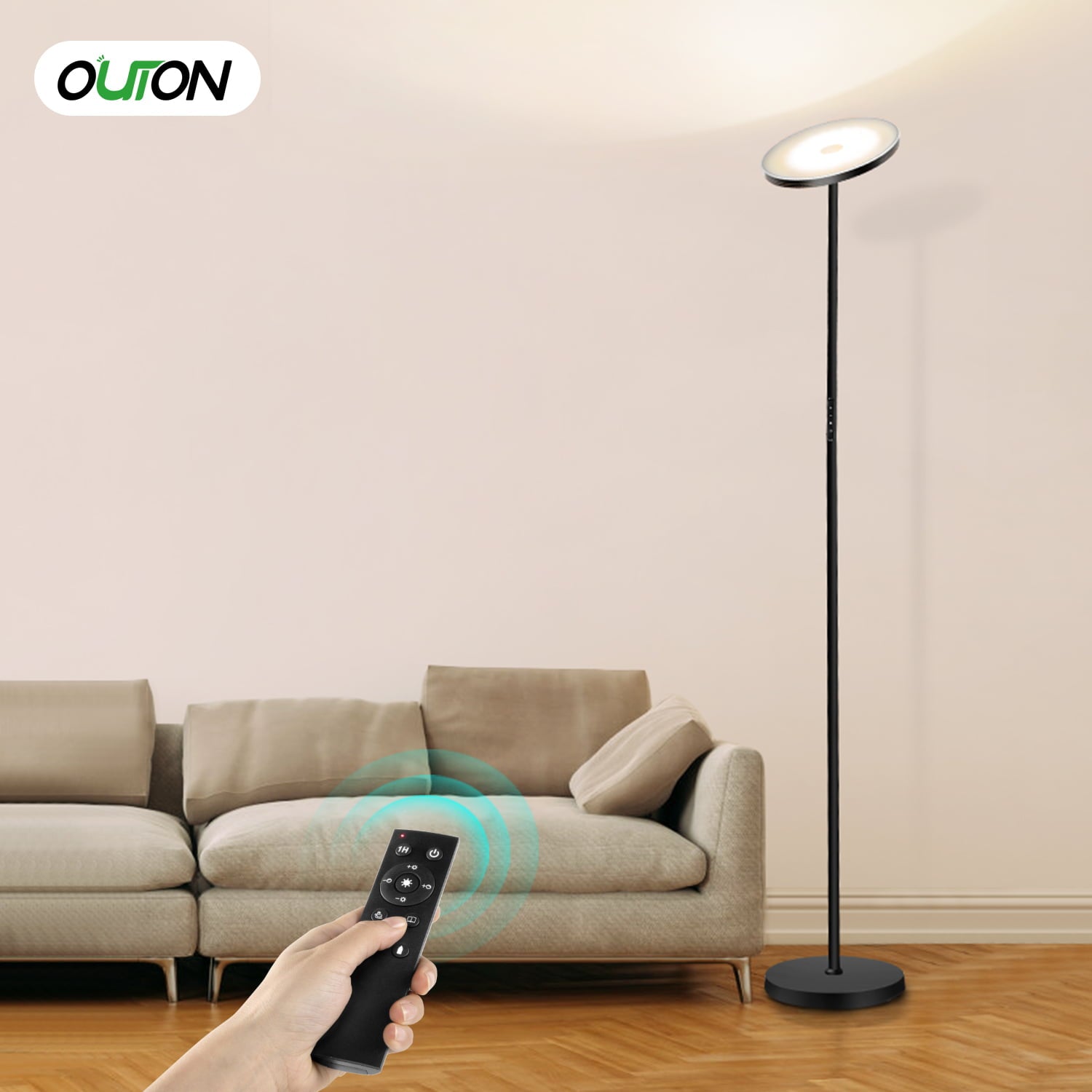 Outon Floor Lamp, Super Bright LED Modern Torchiere Lamp with Remote Touch Control, 4 Color Temperature Dimmable Tall Standing Lamp for Living room, Bedroom, Office, Black