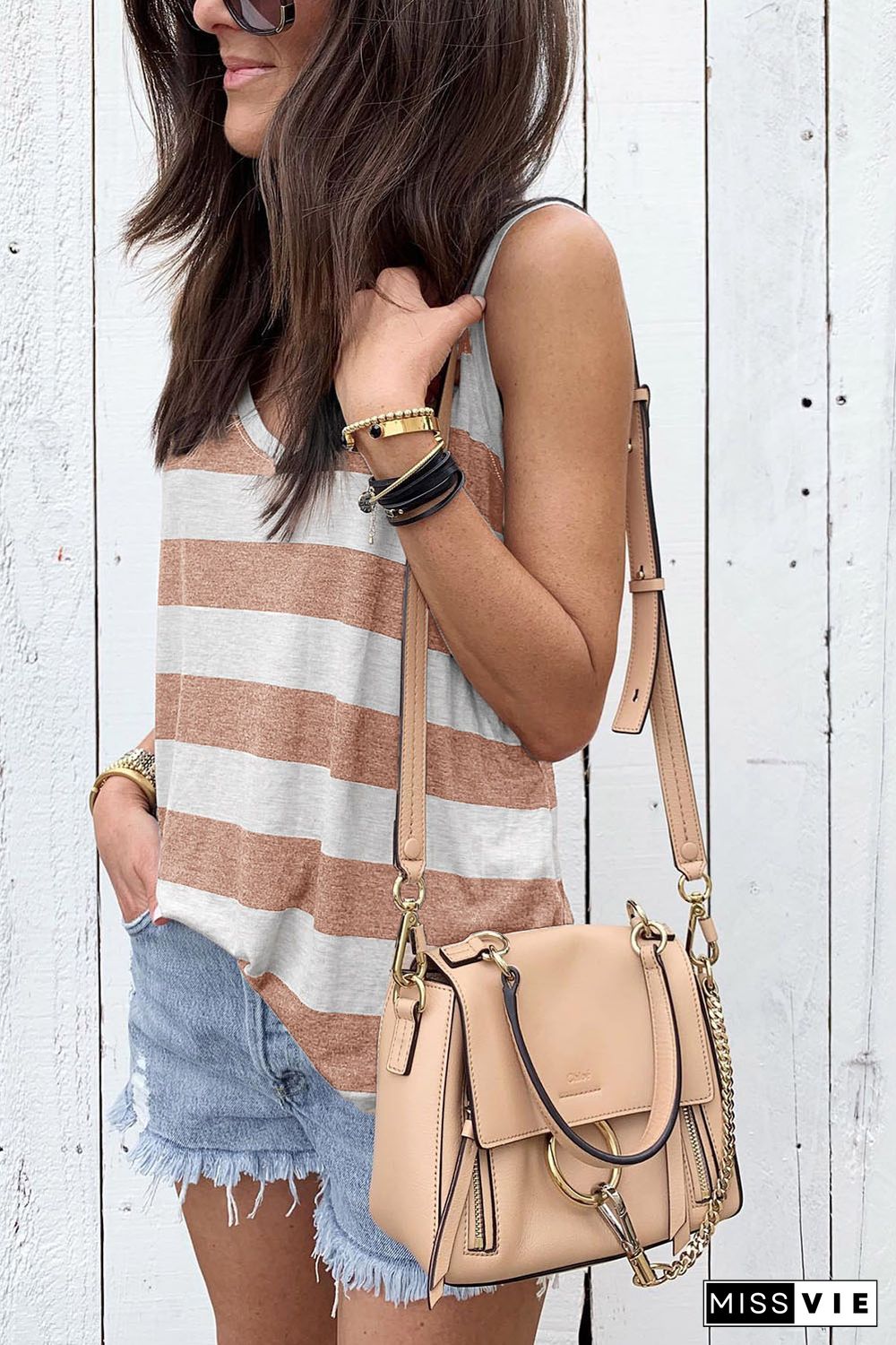 Apricot Striped V Neck Tank Top