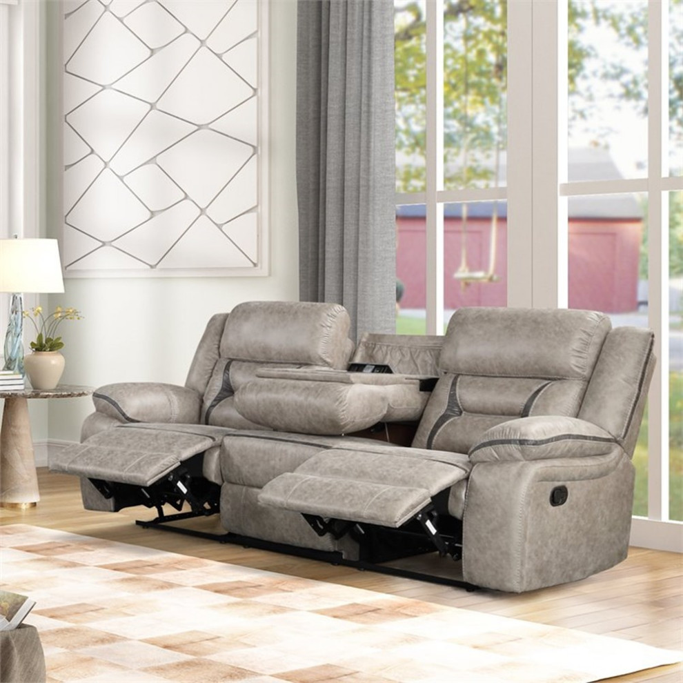 Roundhill Furniture Elkton Faux Leather Manual Recliner Sofa in Taupe   Contemporary   Sofas   by Homesquare  Houzz