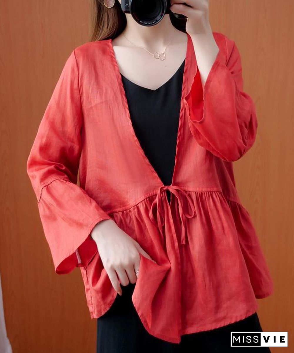 Beautiful red tunics for women v neck Ruffles loose summer blouses