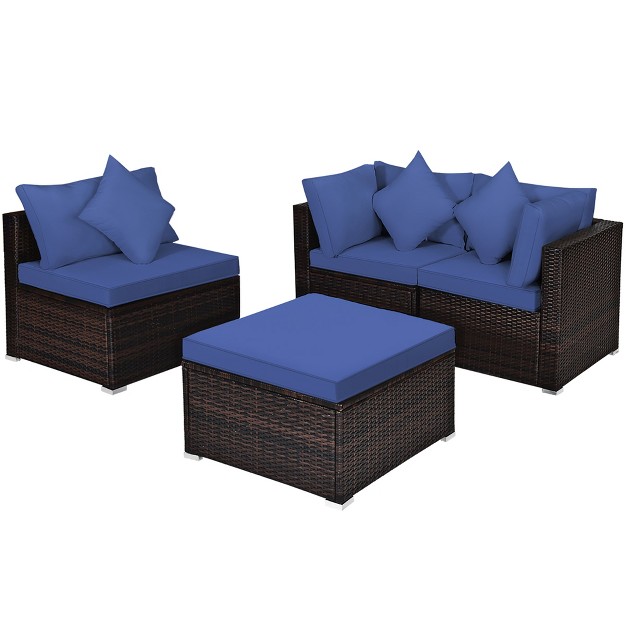 Costway 4pcs Patio Rattan Furniture Set Sofa Ottoman Cushion Garden Deck Navy