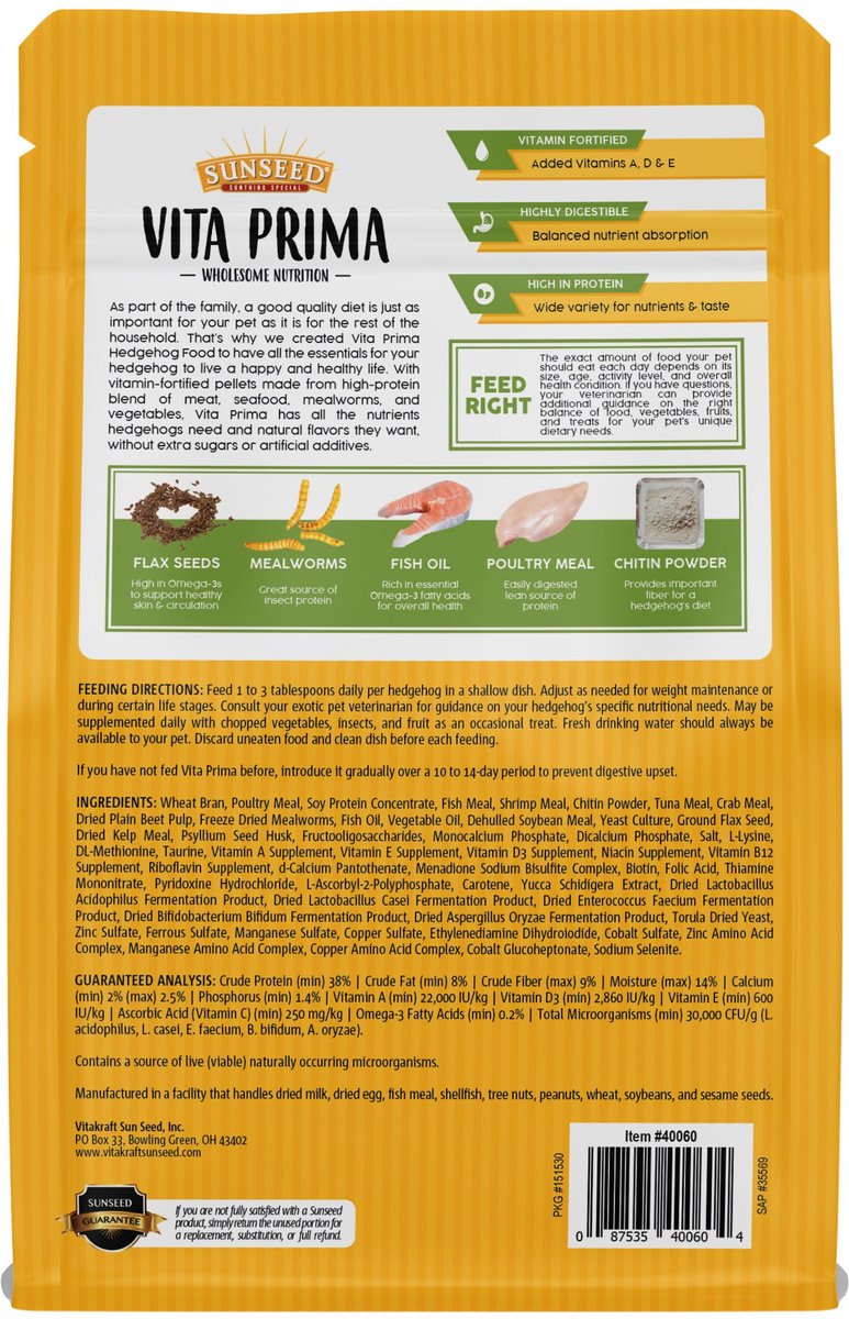 Sunseed Vita Prima High-Protein Poultry， Seafood and Mealworm Food Blend Vitamin-Fortified Hedgehog Food， 1.56-lb bag