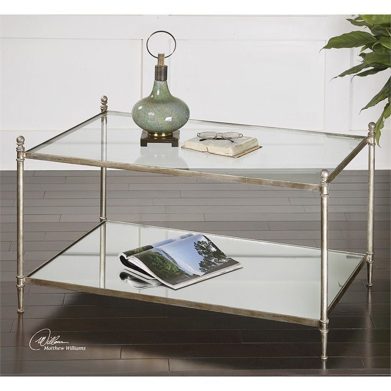 Bowery Hill Modern Mirrored Glass Coffee Table in  Antiqued Silver