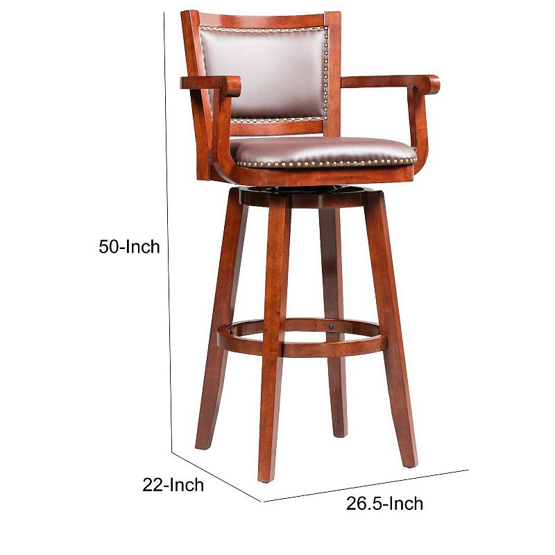 Hugo 34 Inch Swivel Barstool， Wood， Open Rolled Arms， Bonded Leather， Brown