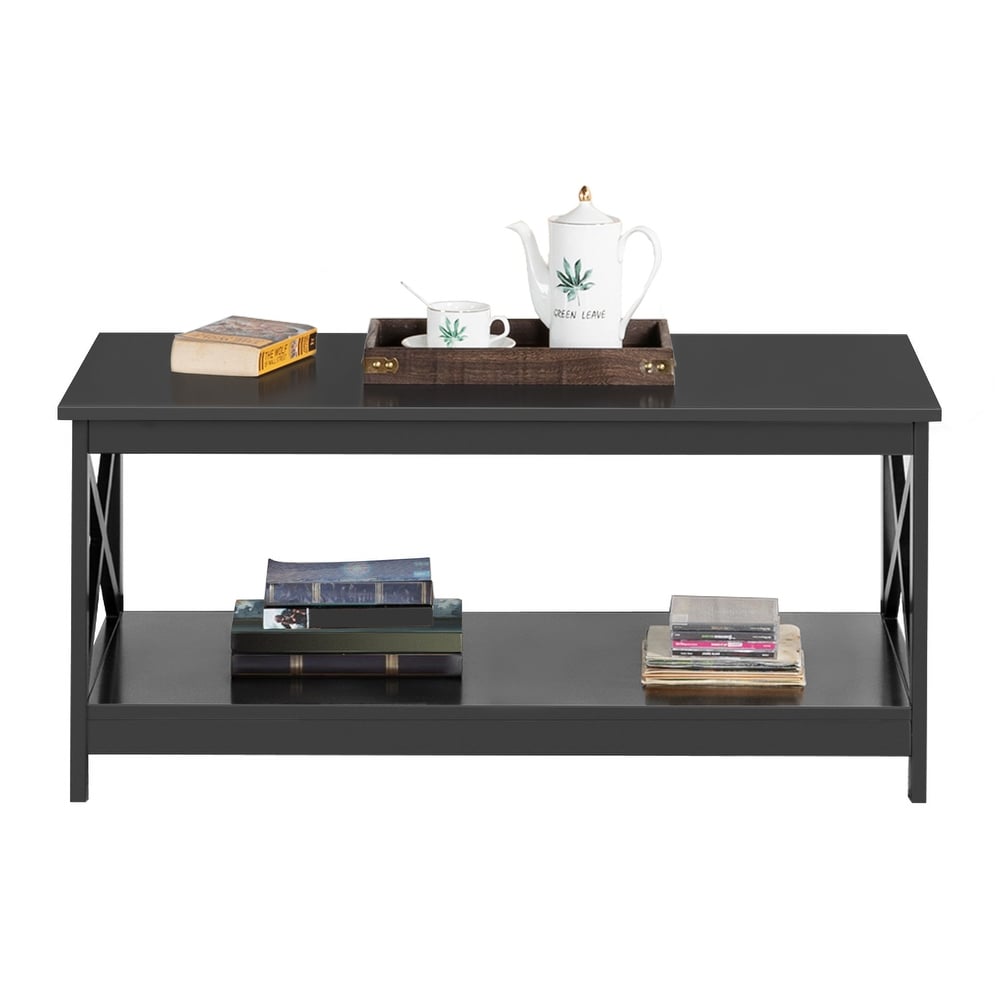 Yaheetech 2 Tier Wood Coffee Table X Design Accent Table with Shelf