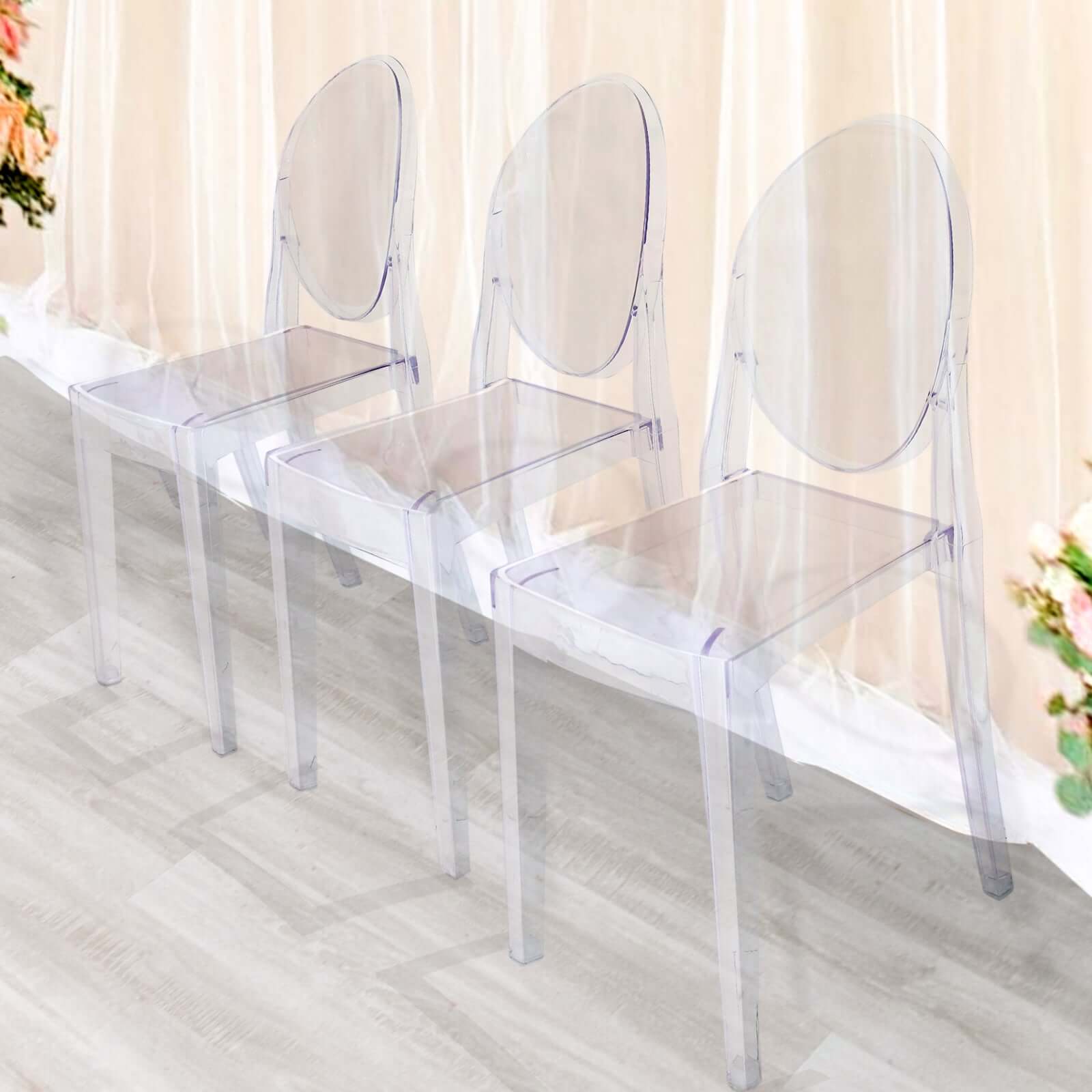 4 Pack Stackable Clear Acrylic Ghost Banquet Chairs with Oval Back, Fully Assembled Armless Event Accent Chair