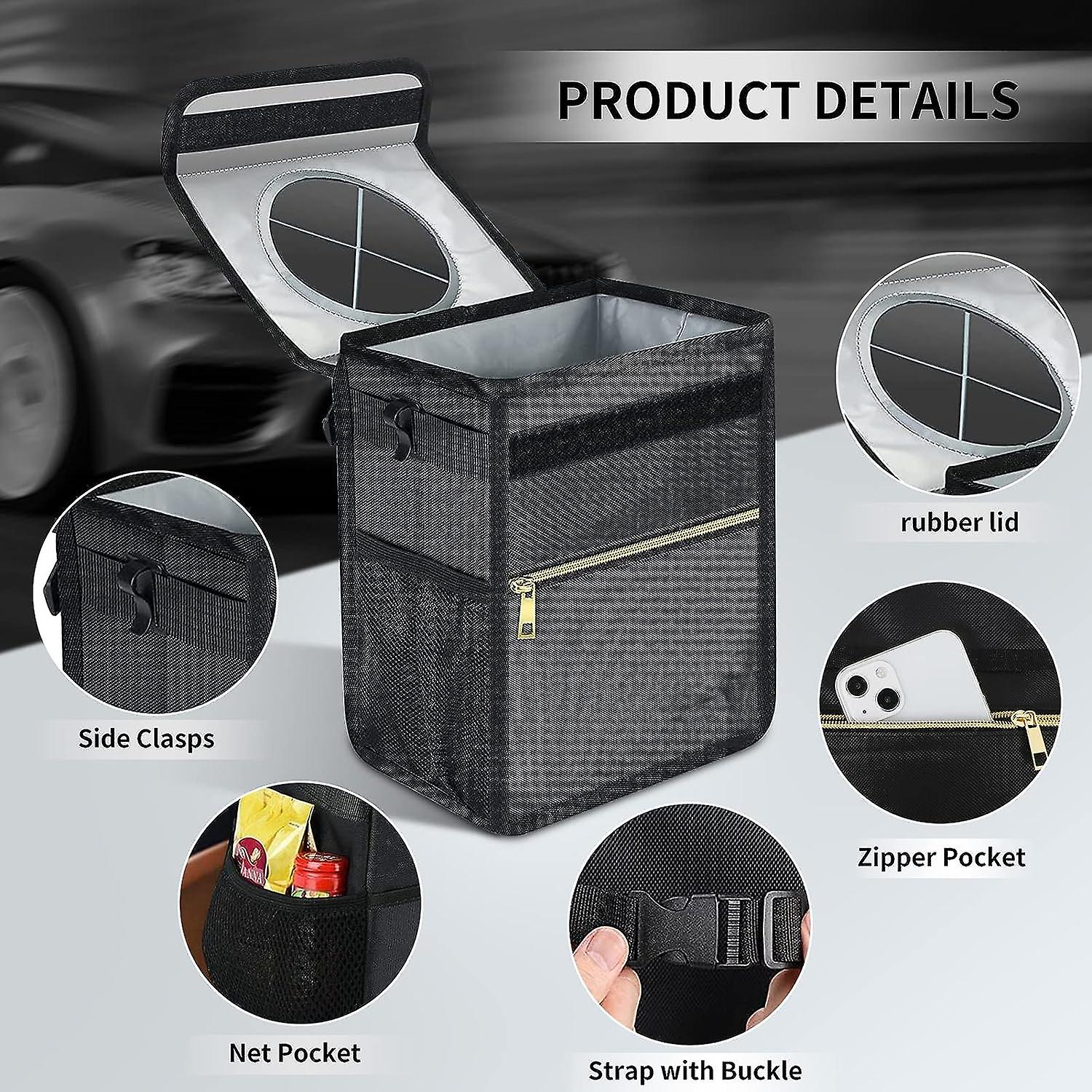 Car Trash Can， 100% Leak-proof Waterproof Car Garbage Can With Lid Portable Collapsible Auto Trash Bin With Zipper and Mesh Storage Pocket Multipurpose