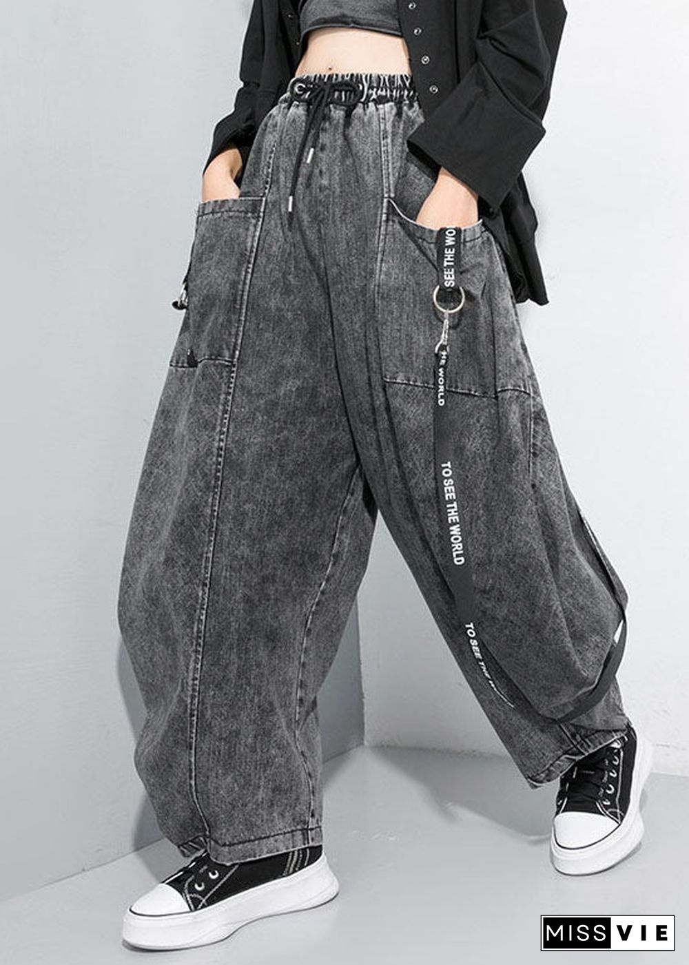 Beautiful Black Grey Cinched Patchwork denim Pants Trousers Spring