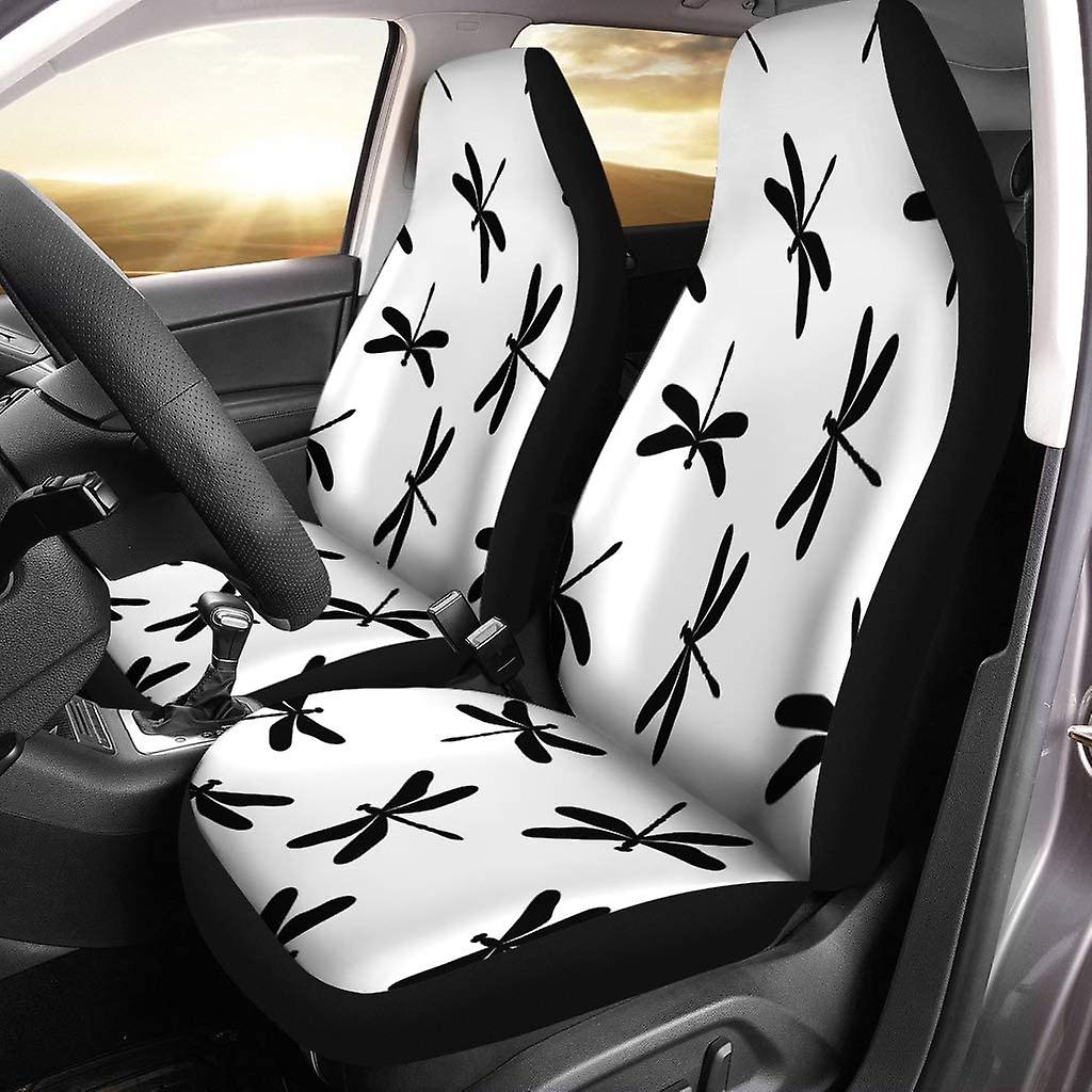 Set Of 2 Car Seat Covers Insects Flat Simple Black On White Dragonfly Achromatic Cute Universal Auto Front Seats Protector Fits