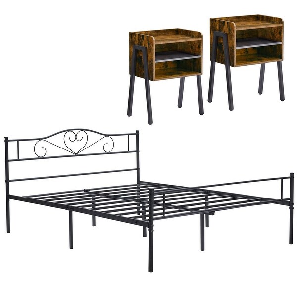 Taomika 3-Pieces Modern Bedroom Set with Brown Nightstand and Black Bed - - 36002070