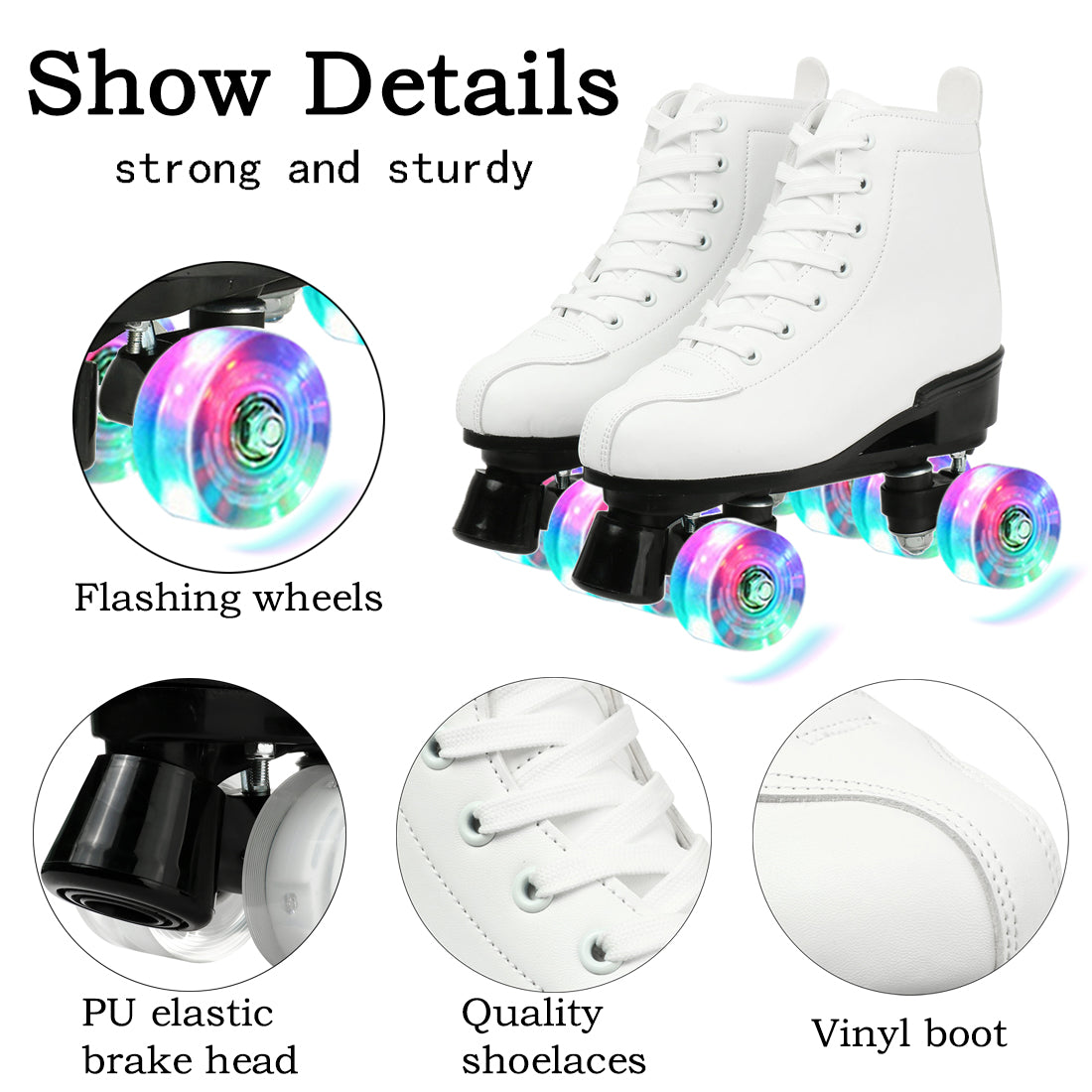 Classic Roller Skates High-Top Double-Row Shiny Wheels Roller Skates Soft Leather Roller Skates for Women and Men，White