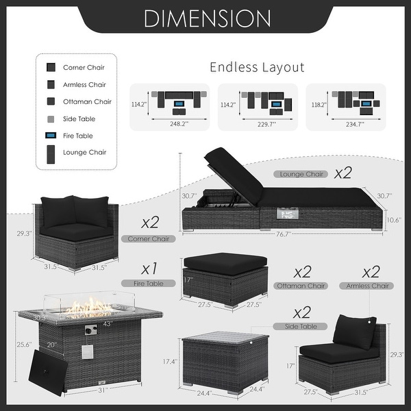 Nicesoul 11 Pieces Patio Furniture Set Outdoor Sectional Sofa with Firepit Table