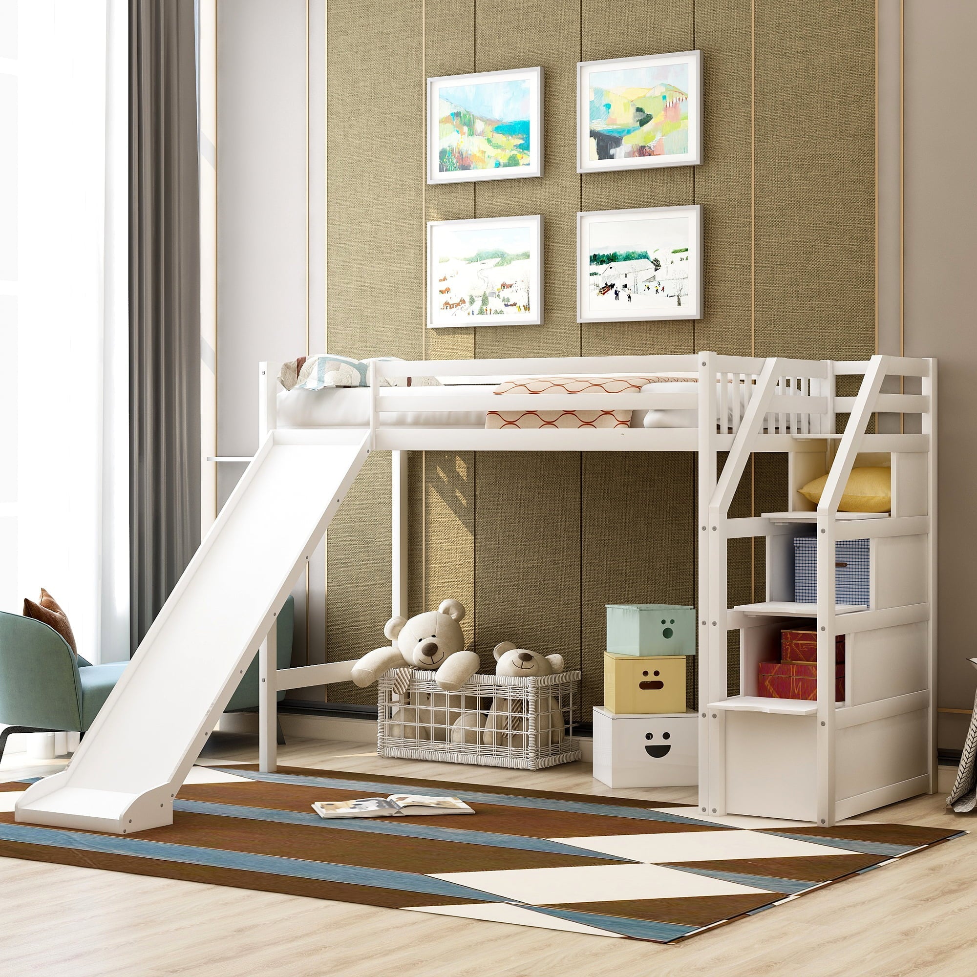 Euroco Wood Twin Size Loft Bed with Slide and Drawers for Child, White