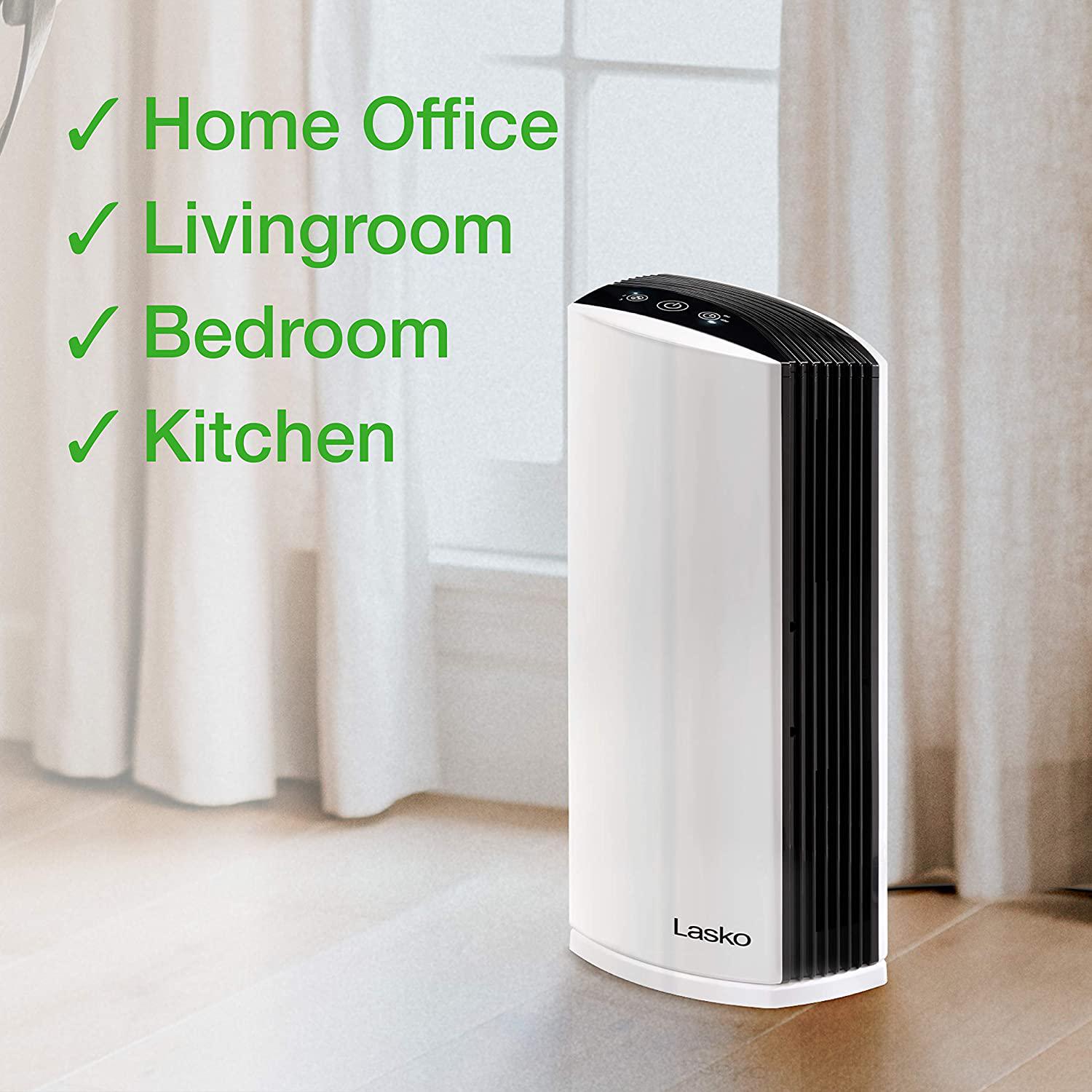 Lasko LP300 HEPA Tower Air Purifier with Timer for a Cleaner， Fresher Home Environment， LP300， White