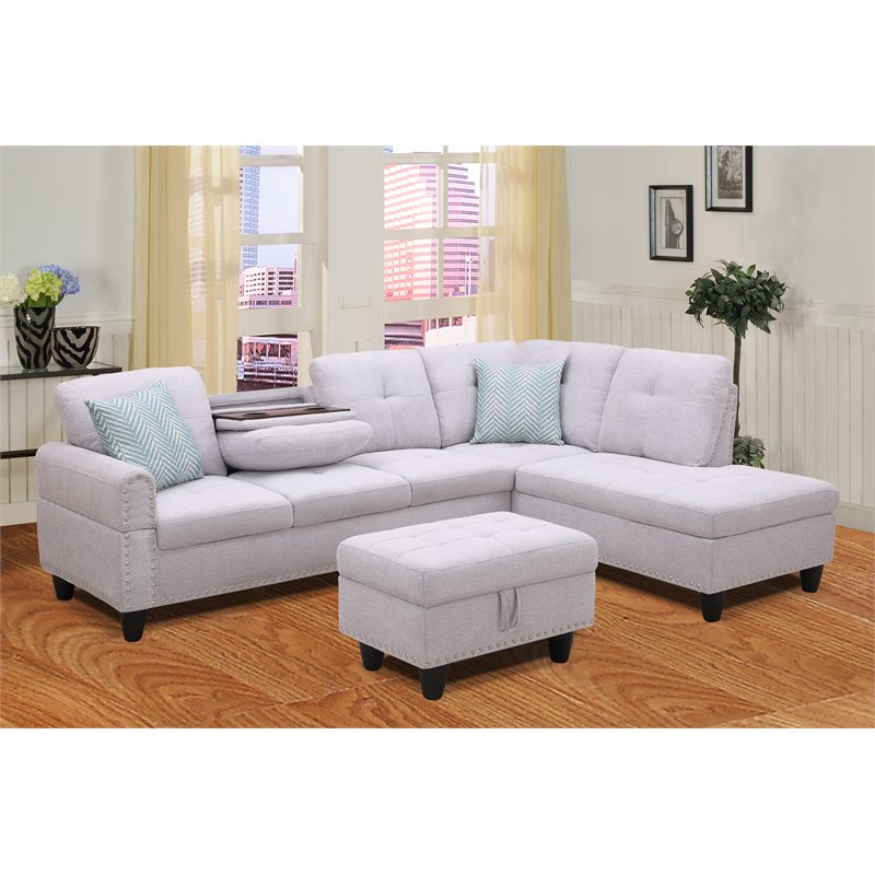 Alexent Right Hand Facing Linen Fabric Sectional Sofa with Ottoman in Ash