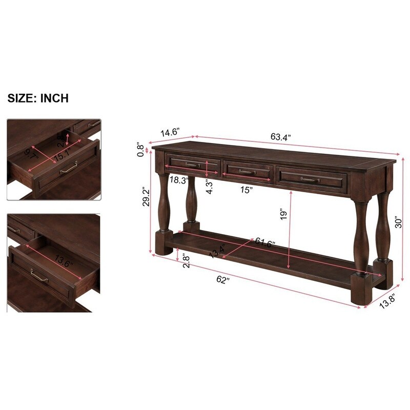 63inch Long Wood Console Table with 3 Drawers and 1 Bottom Shelf