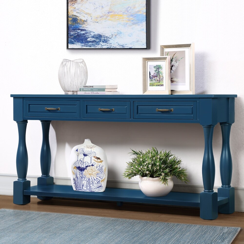 Wood Console Table Long Sofa Table Hallway Table with 3 Drawers  Blue