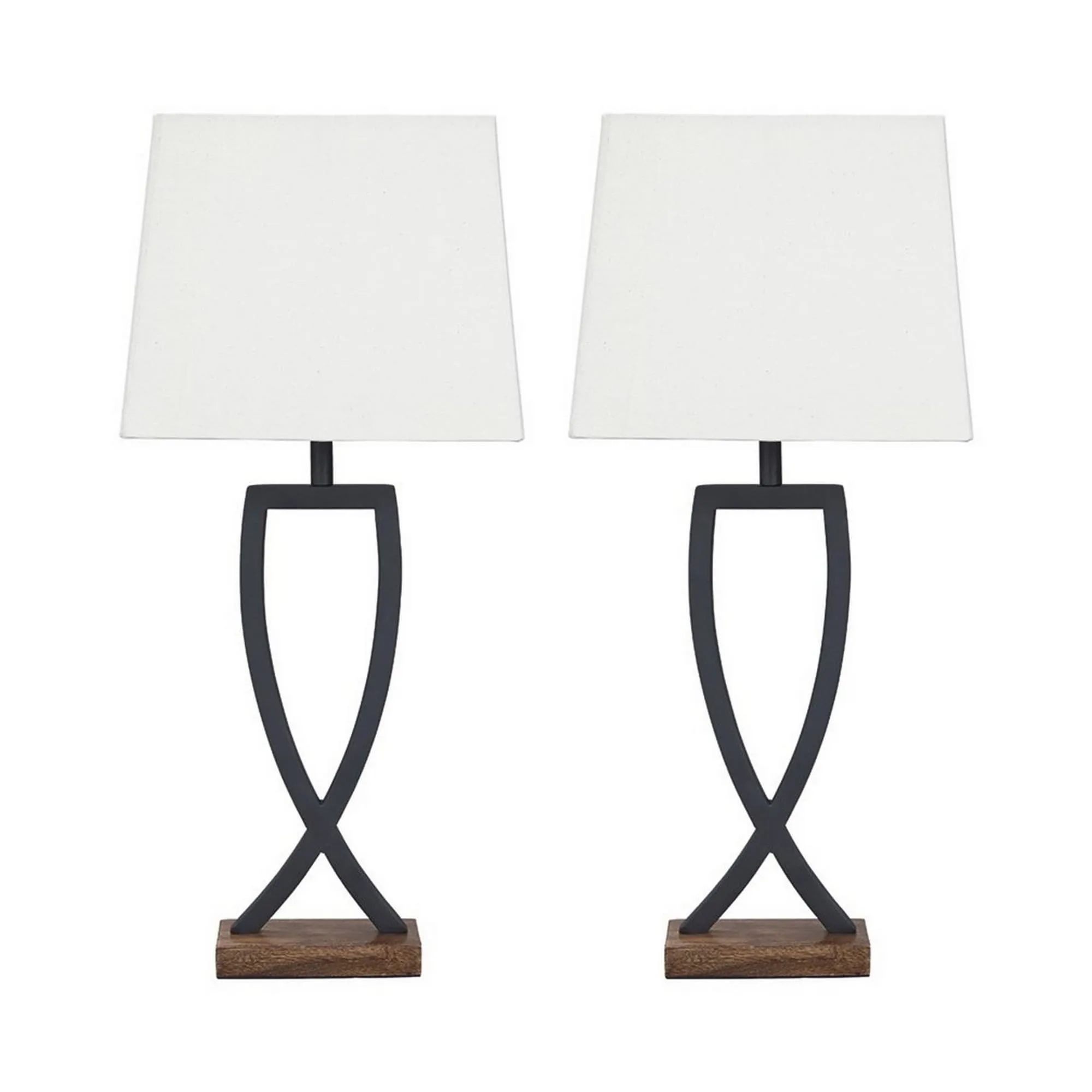 Criss Cross Metal Table Lamp with Fabric Shade， Set of 2， Gray and White