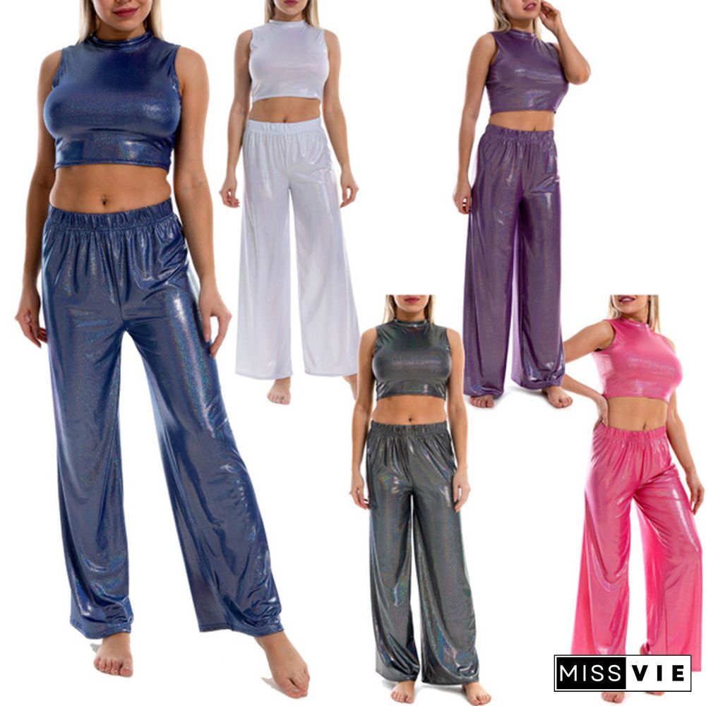 Two-Piece Outfit Women's Sleeveless Crop Top With Loose High Waist Wide Leg Pants Summer Casual Wear