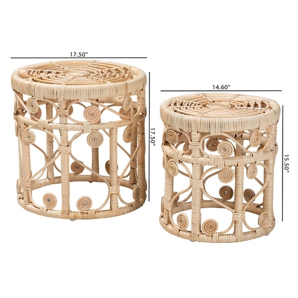 Bowie Modern Bohemian Natural Brown Rattan 2-Piece Nesting End Table Set