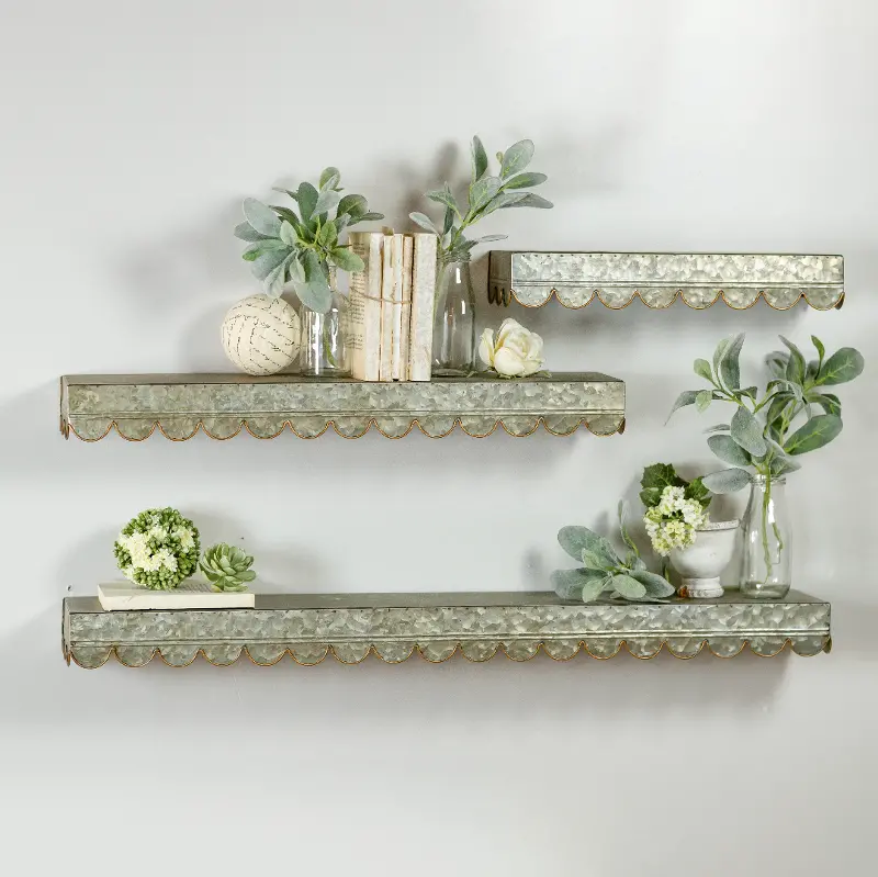 Galvanized Metal Wall Shelves with Scalloped Detailing - Set of 3