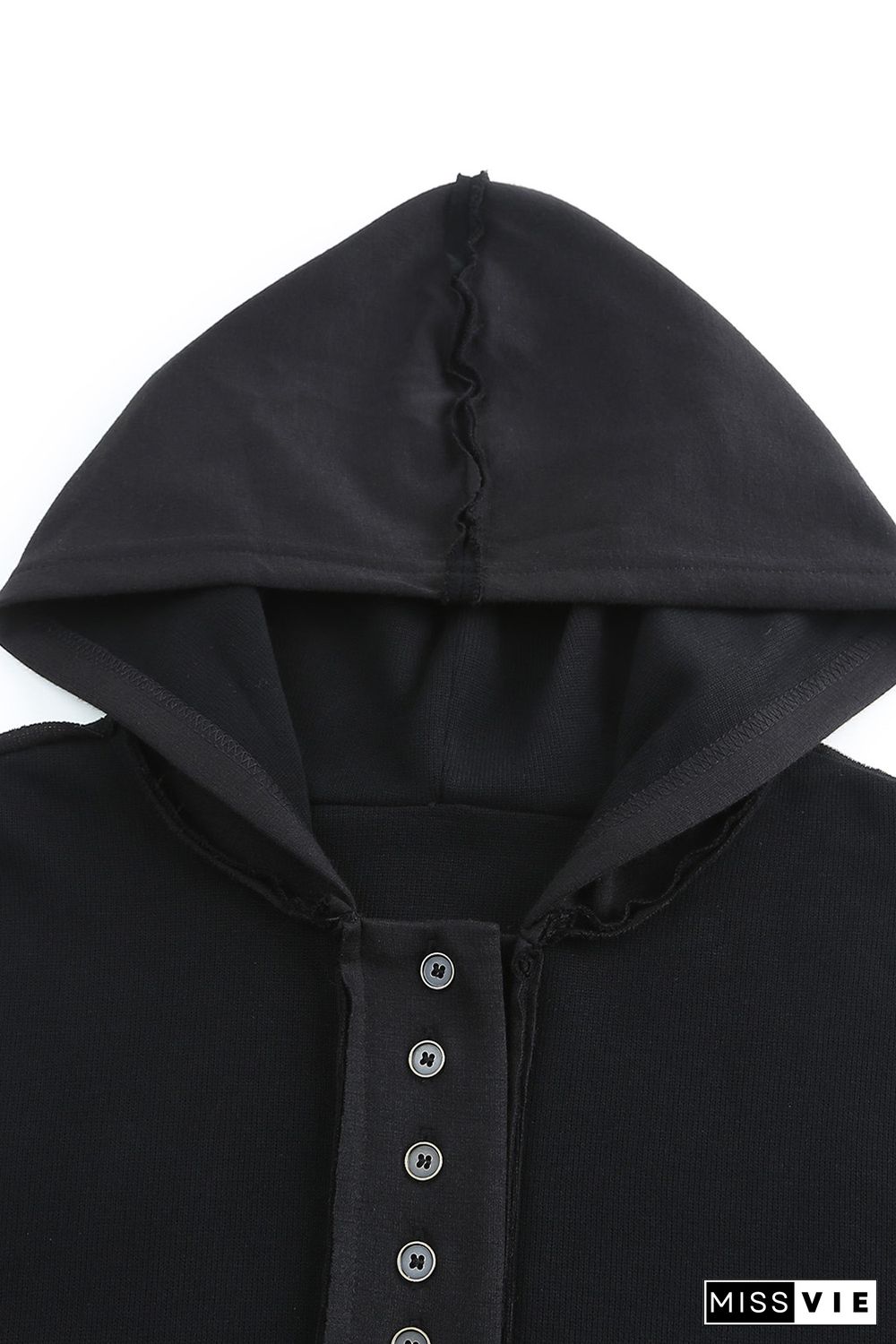 Black Casual Button Solid Patchwork Trim Hoodie