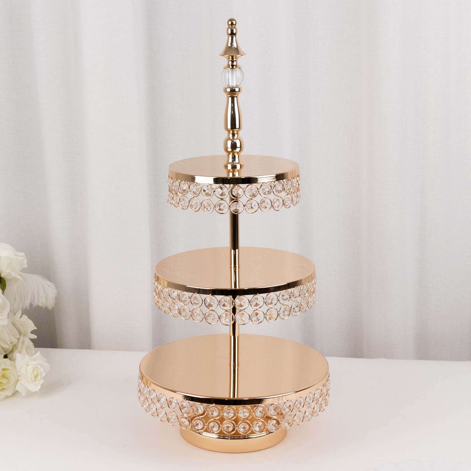 3-Tier Crystal Beaded Gold Metal Cake Stand, Cupcake Tower Dessert Display Stand with Round Mirror Top - 26