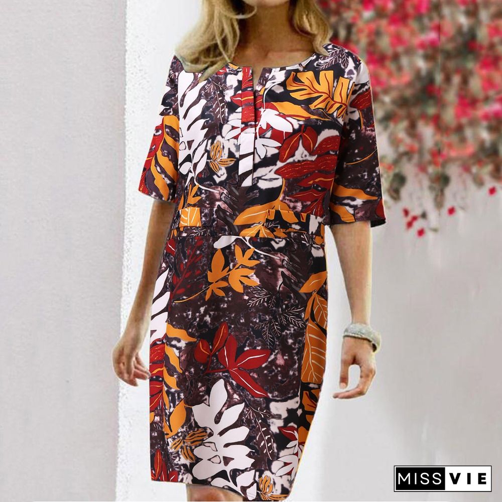 Casual Round Neck Floral Short Sleeve Midi Dress