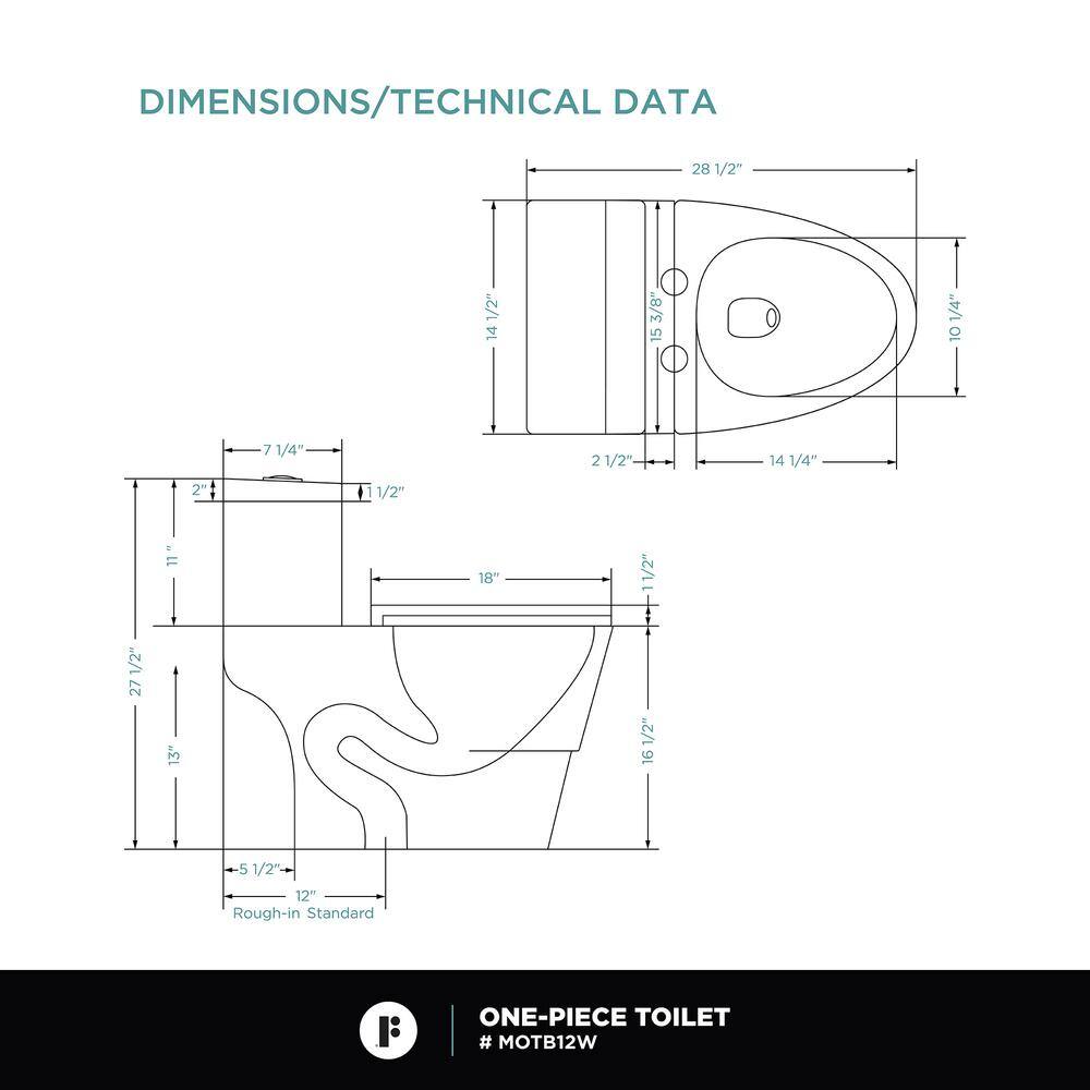 FINE FIXTURES Atlantis 12 in. Rough-In 1-Piece 11.6 GPF Dual Flush Elongated Toilet in White Seat Included MOTB12W