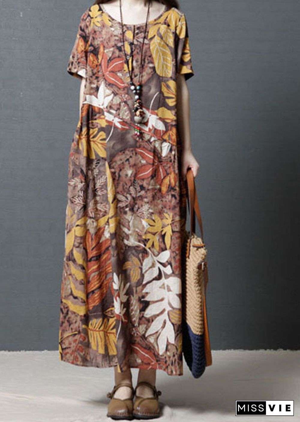 Women Short Sleeve Crew Neck Floral Cotton Vintage Maxi Dress