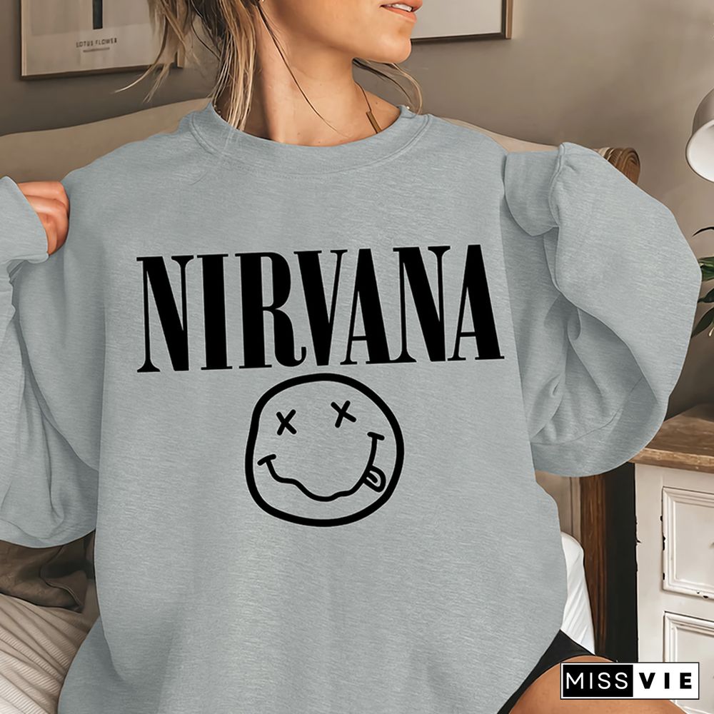 Nirvana Smiley Print O-neck Long Sleeve Sweatshirts Women Wholesale