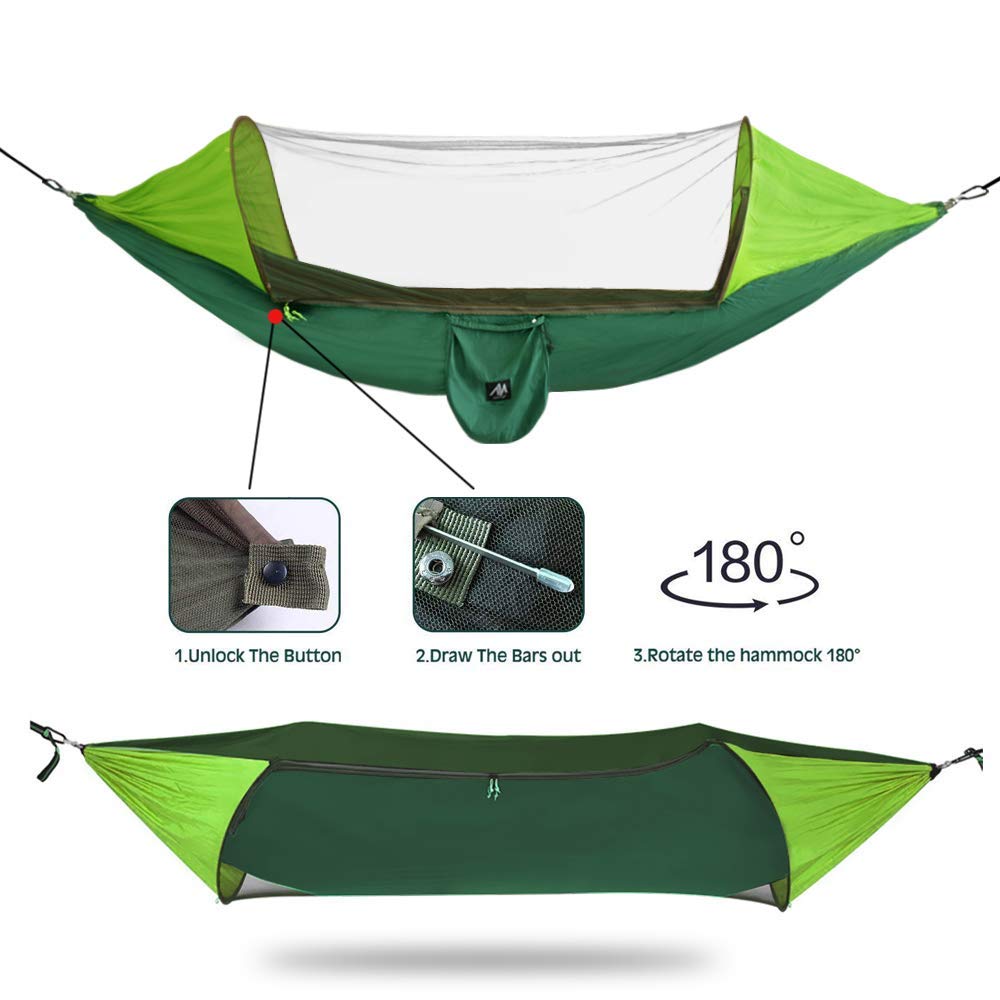 IClover Spring Portable Double Person Camping Hammock Tent Strength Sleeping Hanging Bed with Removable Mosquito Net Including Straps Carabiners, Rope & Carry Bag Green