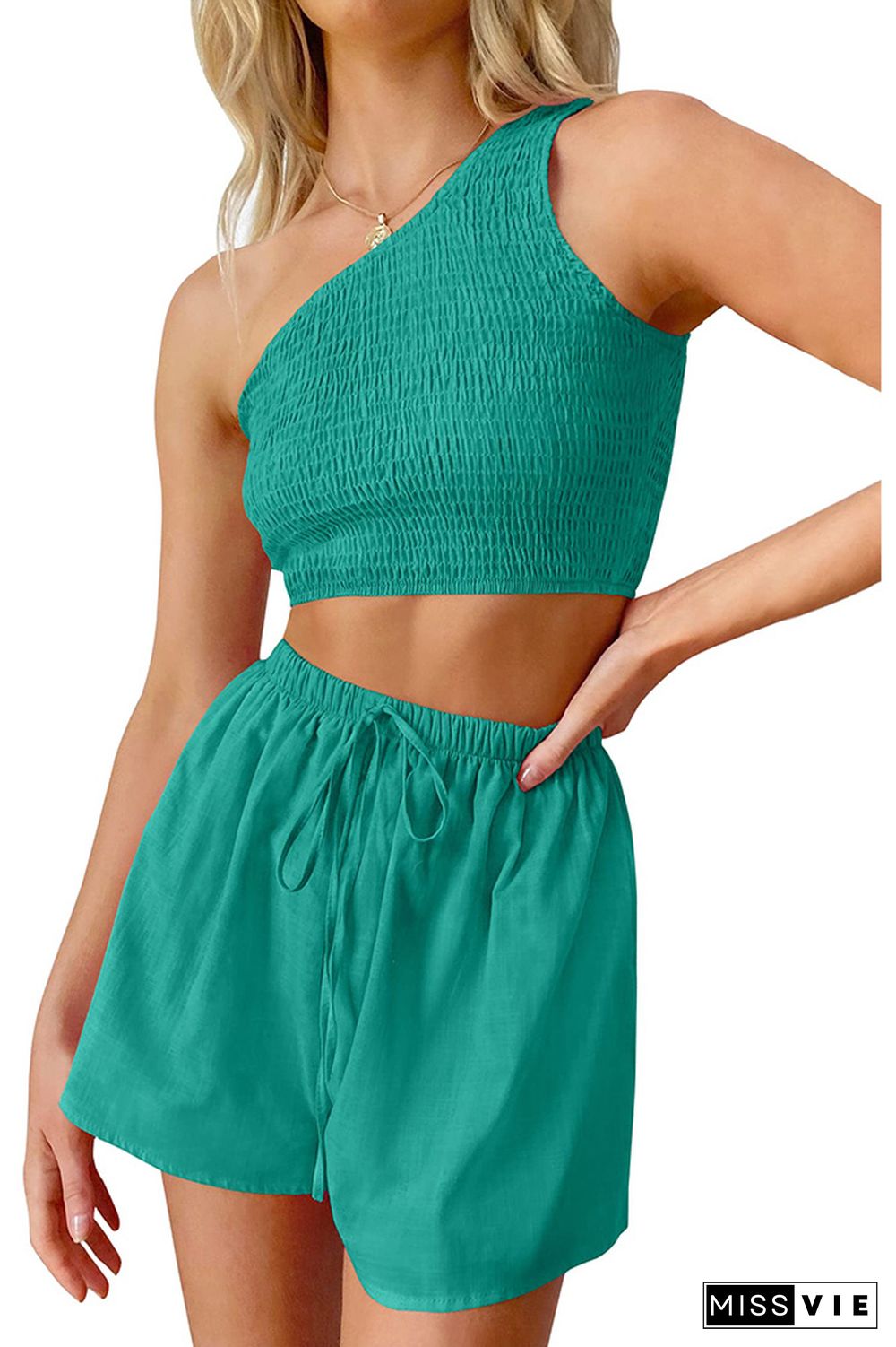 One Shoulder Smocked Crop Top with Elastic Waist Shorts 2pcs Set